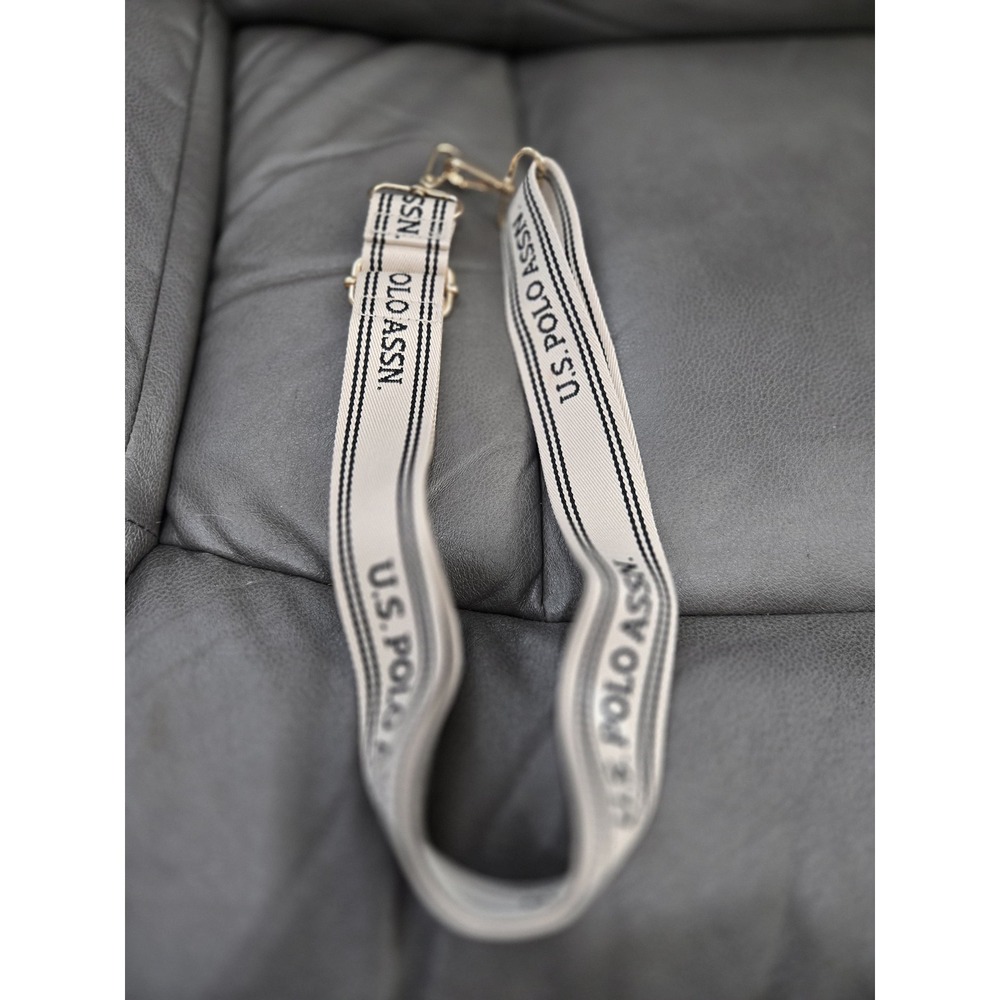 US Polo Assn Cream Black Logo Woven Adjustable Guitar Style Strap Gold Hardware